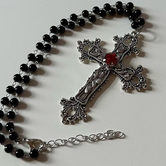 Statement Cross Necklace Gothic Crystal Floral Design Big Punk Goth Silver New - Picture 1 of 8